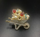Swarovski Crystal Wheelbarrow Brooch, Vintage Flower Bouquet Pin, Garden Jewelry