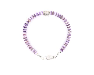 4mm Purple Wampum Quahog Rondelle Beaded Artisan Bracelet in Sterling Silver