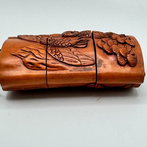 Hand-Carved Owl Inro Box Hard Wood Netsuke Ojime on Cord Signed - Picture 9 of 14