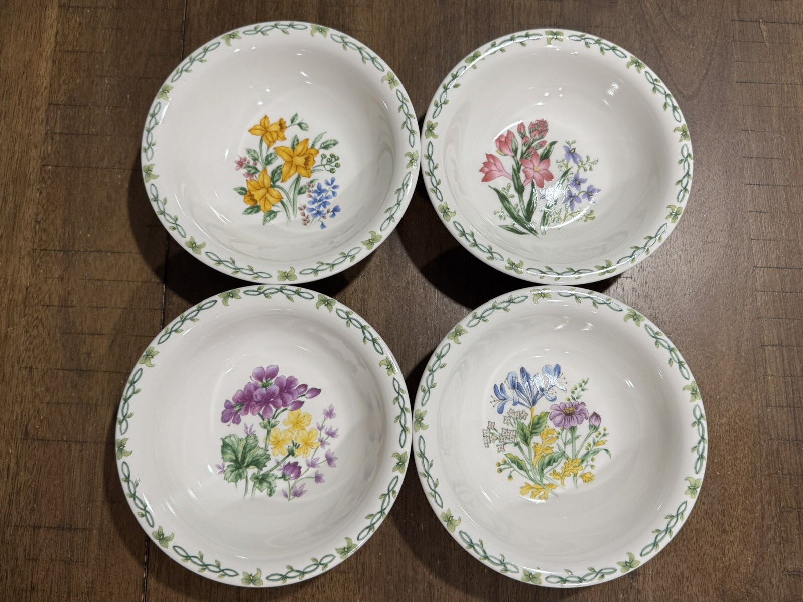 4 Thomson Pottery Floral Garden 7" Bowls Soup Cereal Iris Crocus Daffodils EUC!