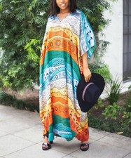 Winlar ORANGE BLUE Abstract Stripe Satin V-Neck Caftan Cover-Up Gown Robe
