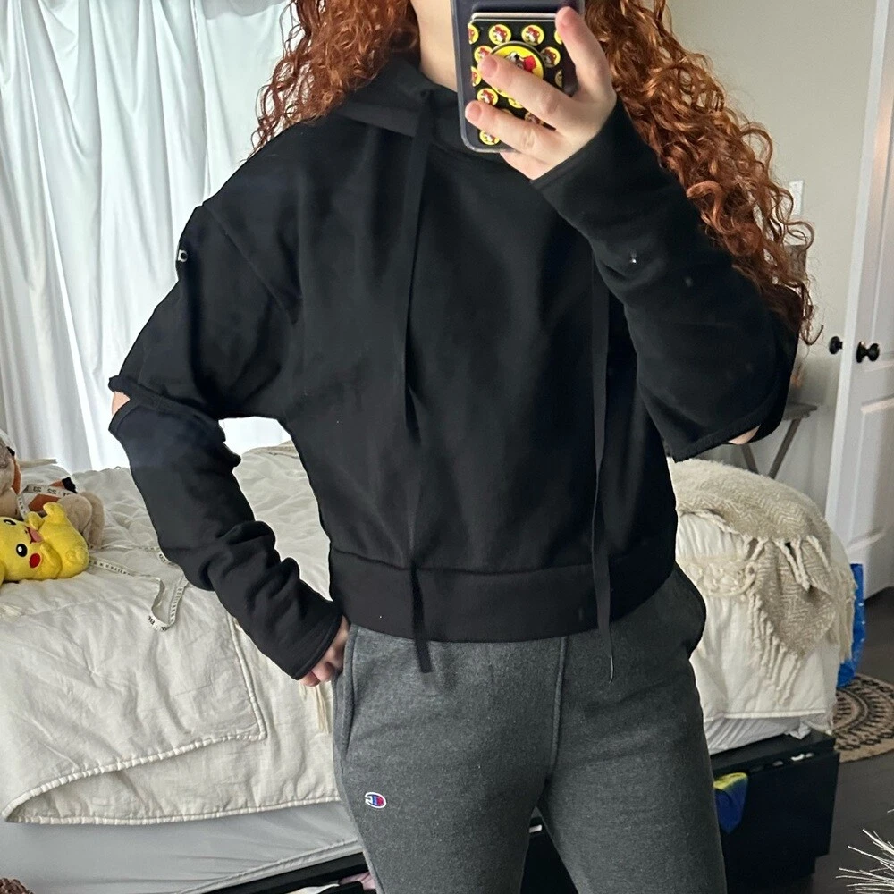 Alo Yoga Black Peak Cutout Elbow Cropped Hoodie Sweatshirt Size M | eBay