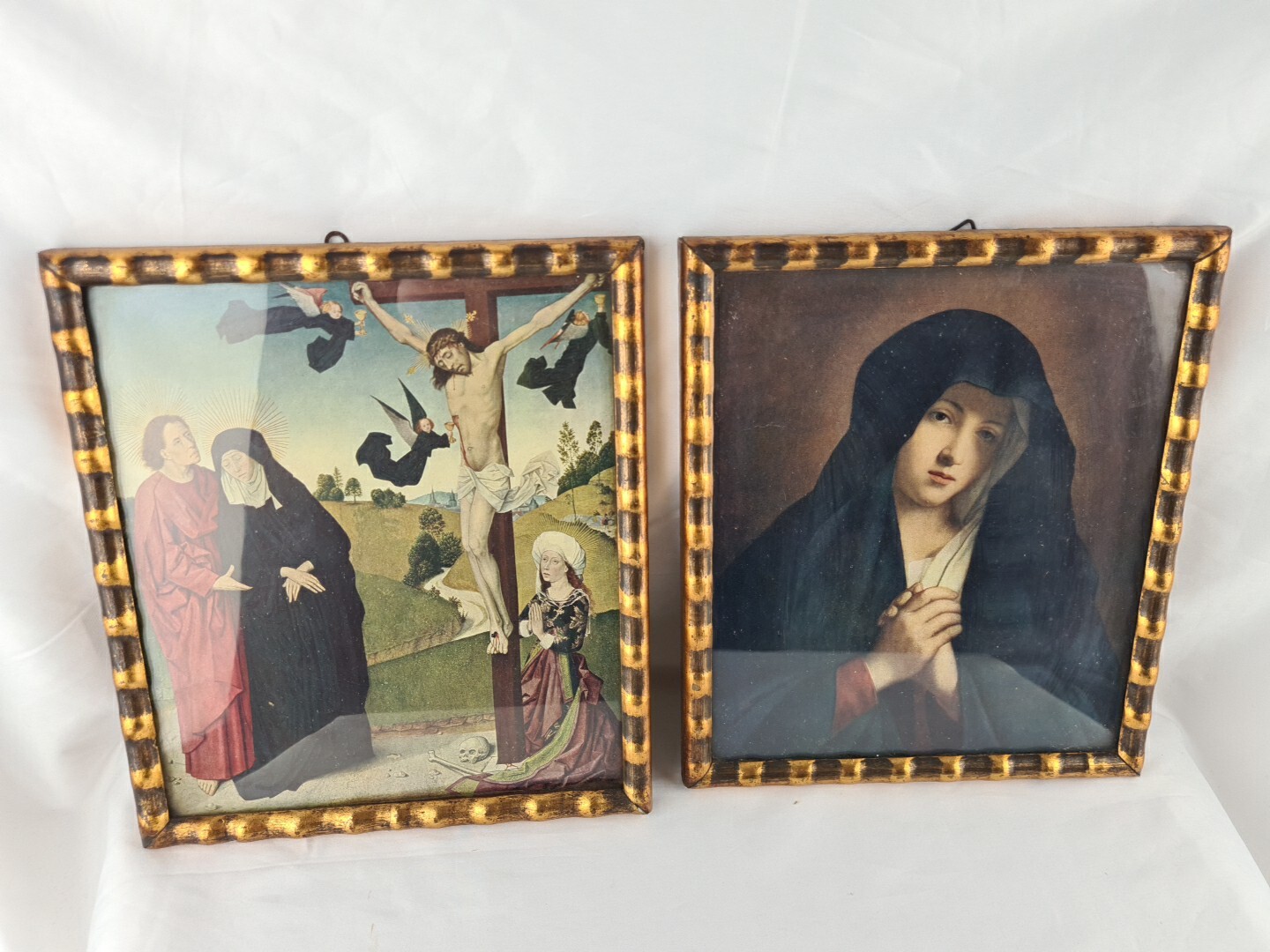 2 Antike Bilder, Druck hinter Glas gerahmt, Maria Mutter Gottes, Jesus am Kreuz