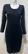Calvin Klein Women Black Knit Dress Medium Long Lattice Sleeve New NWT
