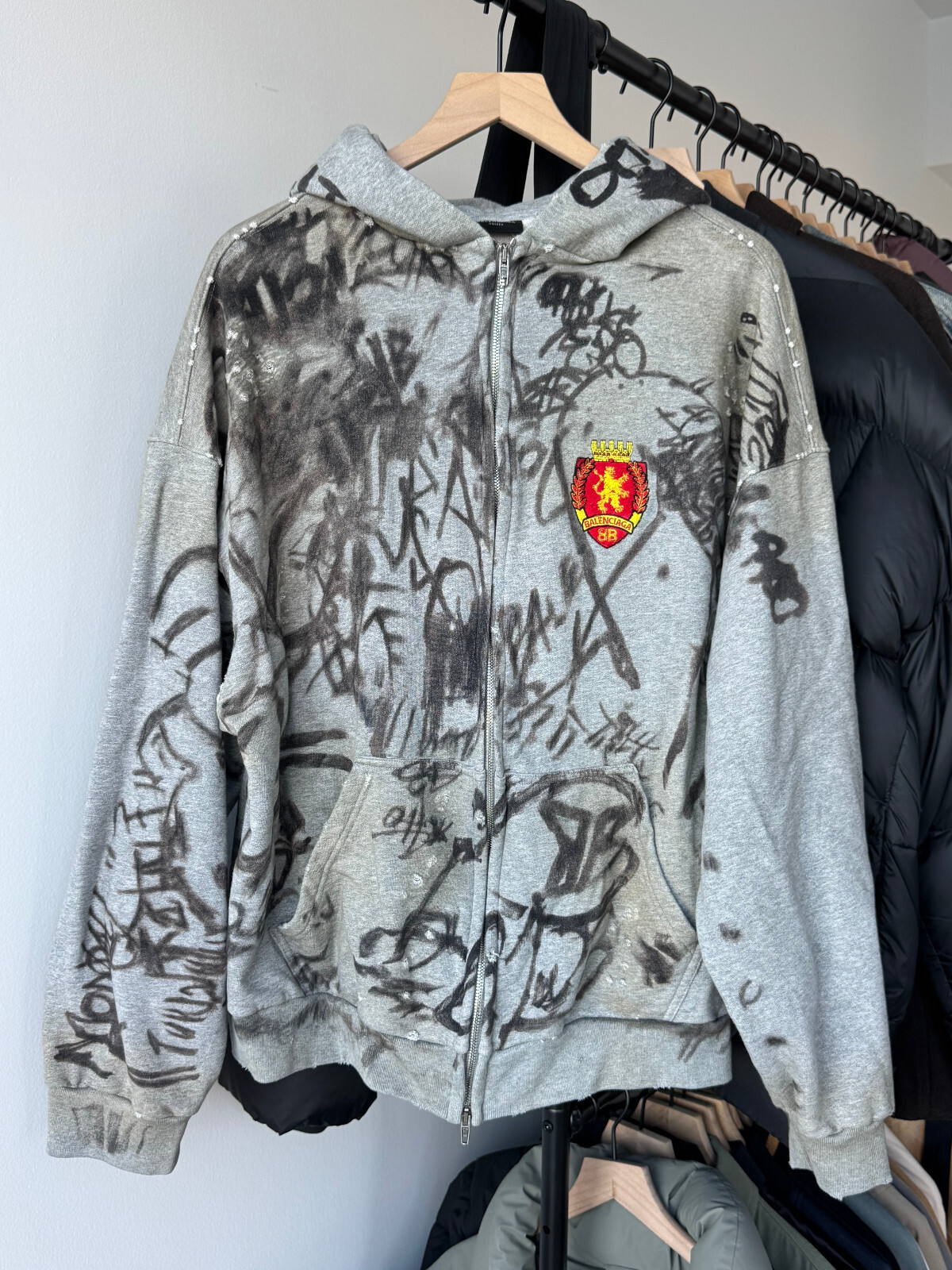 Sudadera con Capucha Balenciaga Skater Graffiti Cremallera Talla Grande M se adapta a L-XL Gris