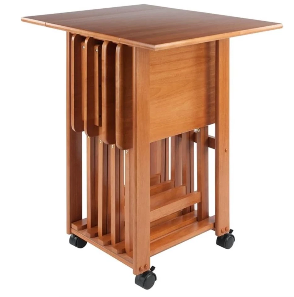 Juego de mesa bandeja de madera plegable portátil con acabado de teca de 5 piezas para aperitivos soporte de hojas para TV Foto 3 de 4