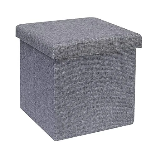 Bonlife Grey Small Ottoman Storage Box with Lid Foot Rest Stool with Storage Lin