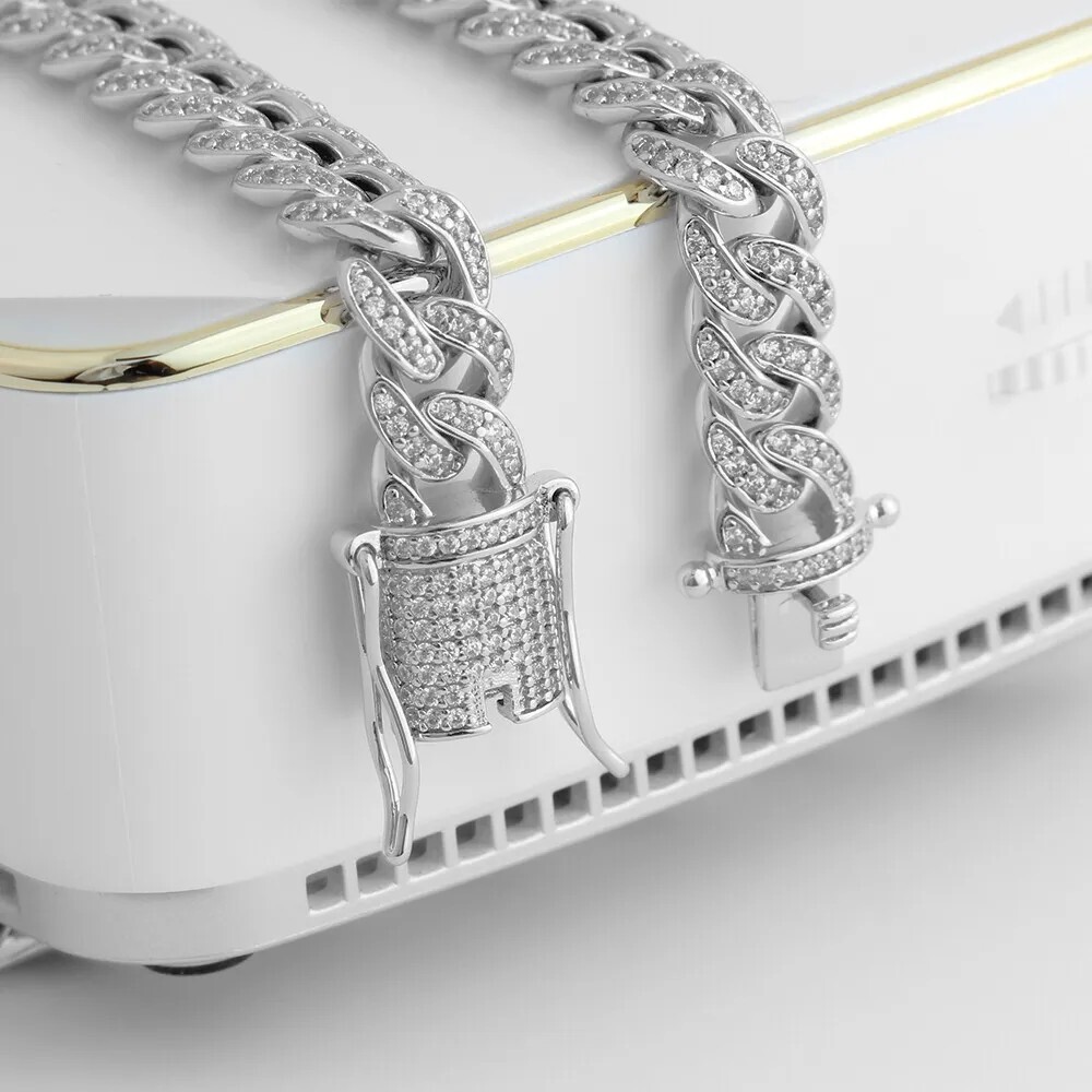 Mens 8mm White Gold Plated Stainless Steel Iced CZ Out Cuban Link