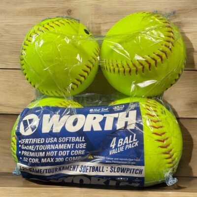 Worth Slow Pitch 12'' SOFTBALLS Pkg of 4 Official Softball League New Sealed