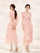 French Style Womens 100% Real Silk Long Puff Sleeve Floral Print V Neck Dress Sz