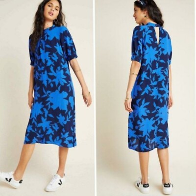 Anthropologie McKenzie Mock Neck Tunic Dress Blue Floral Viscose Women's Small