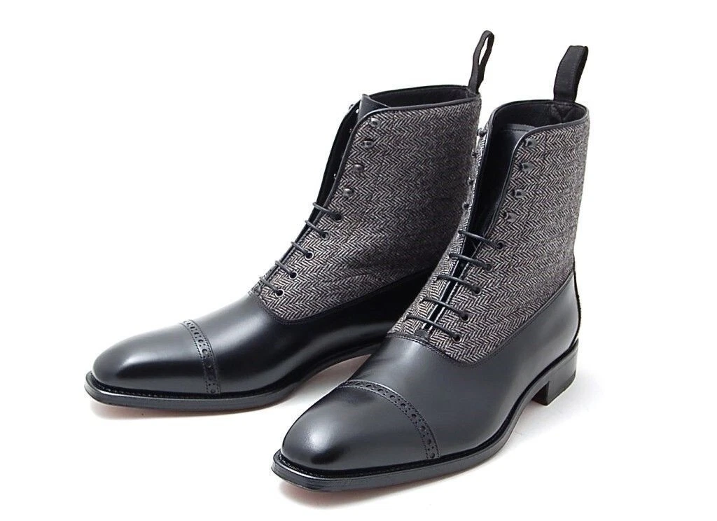 Handmade Men two tone cap toe boots, Men Black and Gray ankle lace up boots 7-17