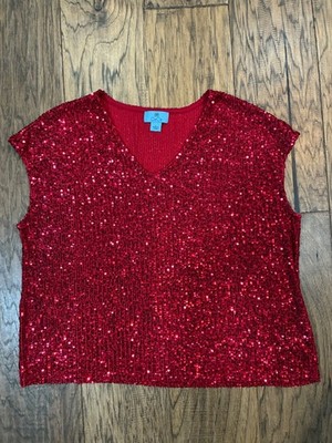 Cece Red Sequence Cap Sleeve Top sz L
