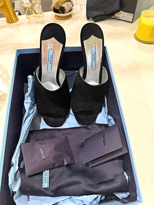 PRADA Women's Black Suede Slide Sandals Crystal Open Toe Slip-On Stiletto 6.5