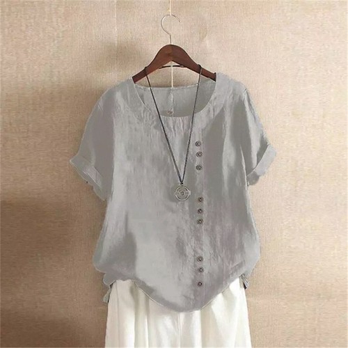 Womens Short Sleeve Pullover Loose Blouse Plus Size cotton and linen T Shirts - Picture 3 of 28