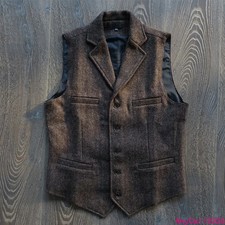 Vintage Herringbone Pattern Workwear Heavy Wool Tweed Notched Lapel Vest