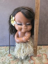 Vintage Hawaiian Hula Girl Doll Grass Skirt Hair Flower Eyes Shut 15" Tall RARE