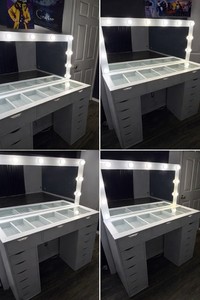White Modern Vanity Table with Lighted Rectangular Mirror, 10 Drawers, Wood
