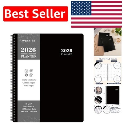2026 Black Weekly & Monthly Planner -  Paper, 9'' x 11'', Twin-Wire Binding