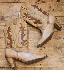 Stivali da cowboy Dingo vintage in pelle marrone chiaro/marrone con dettagli, Regno Unito s.6.5, made in USA