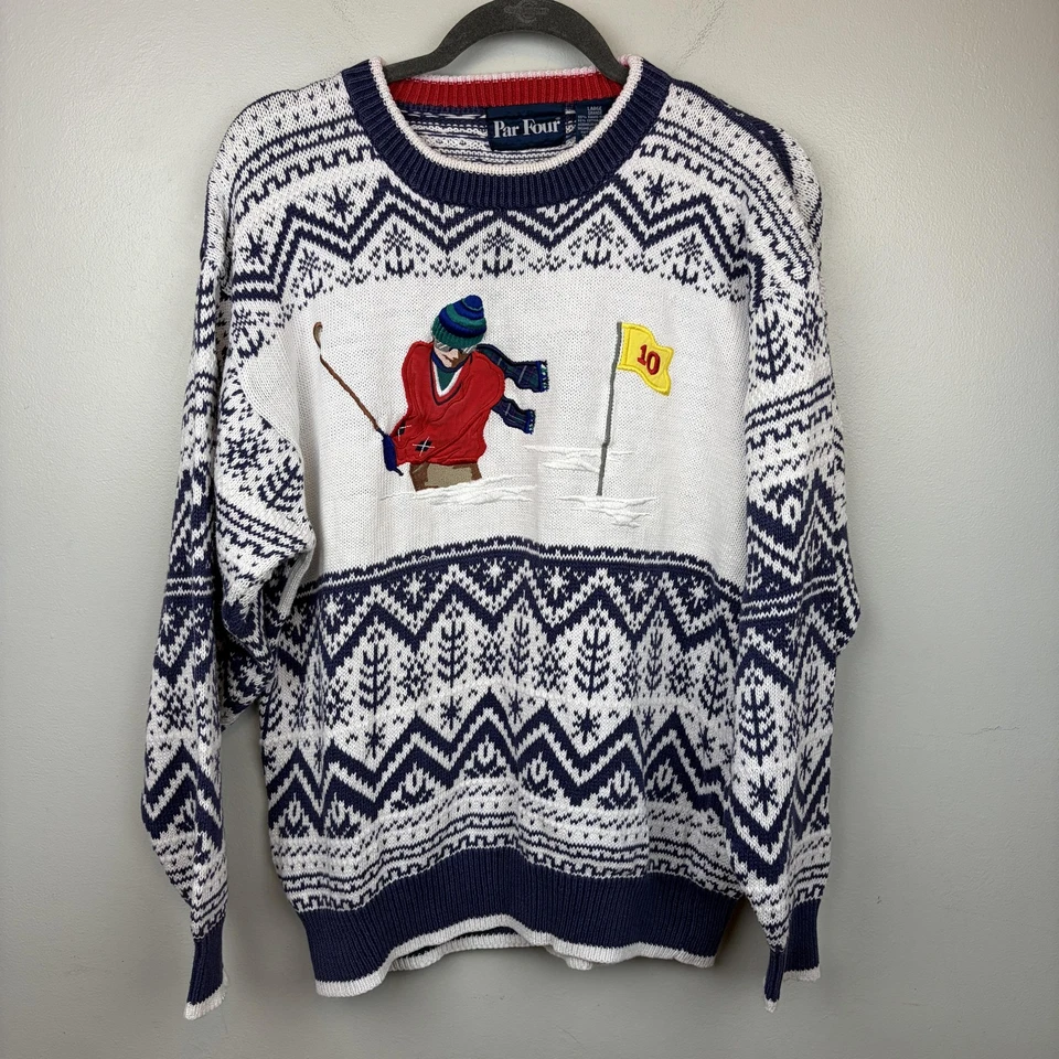 Suéter Par Four Para Hombres Grande Blanco Azul Golf 10º Hoyo Fair Isle Tejido Cuello Redondo Foto 2 de 4