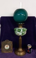 Antique Paraffin Lamp Art Nouveau Brass & Glass Water Lily Design Green Shade