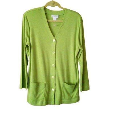 Adolfo Sport Medium Green Button Down V-Neck Cardigan Front Pockets Long Sleeves