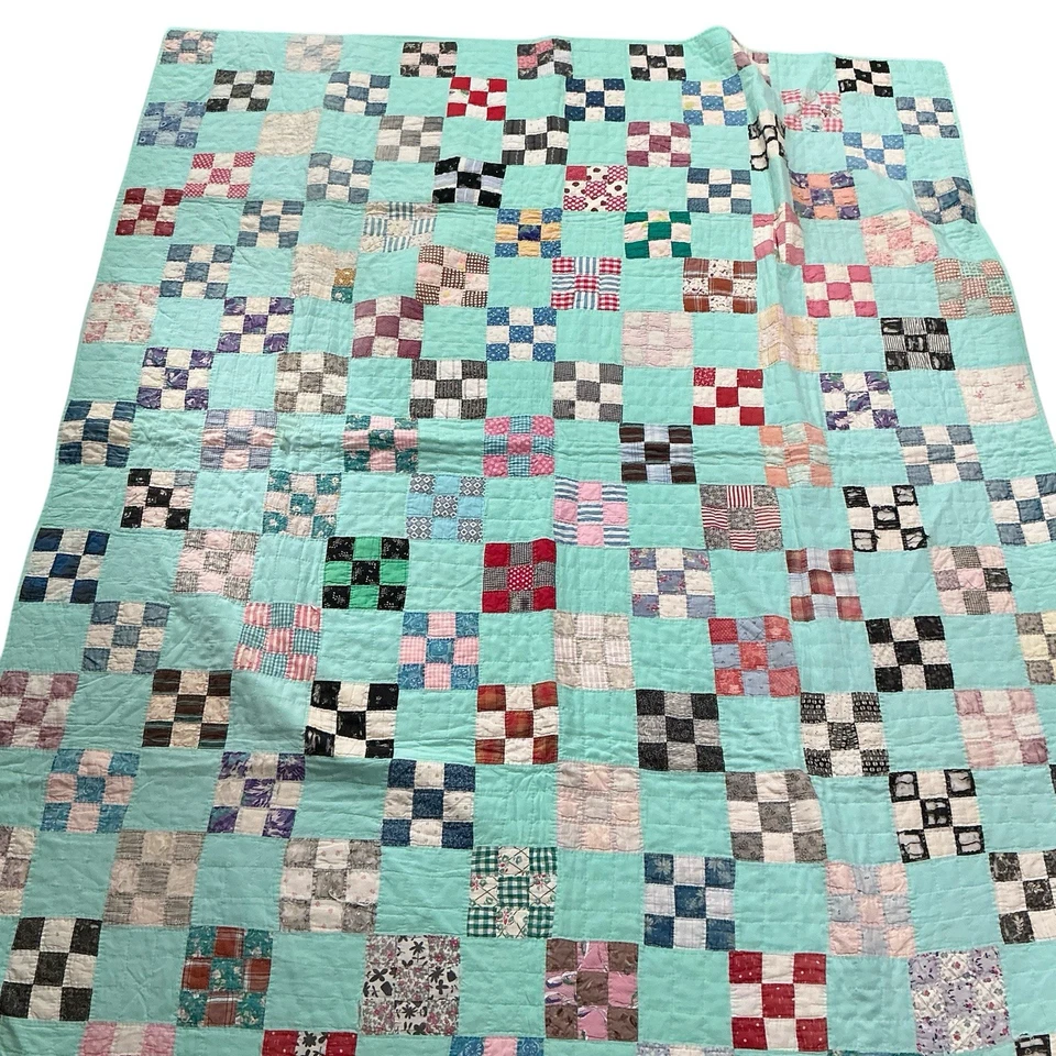 Vintage handstitched nine patch multicolored quilt 64 x 78 USA made - Image 3 of 4