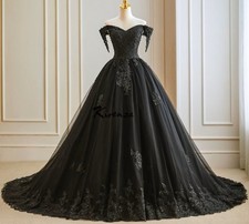 Princess Black Lace Wedding Dress Bridal Gown 32-60 Plus Size Off Strappy