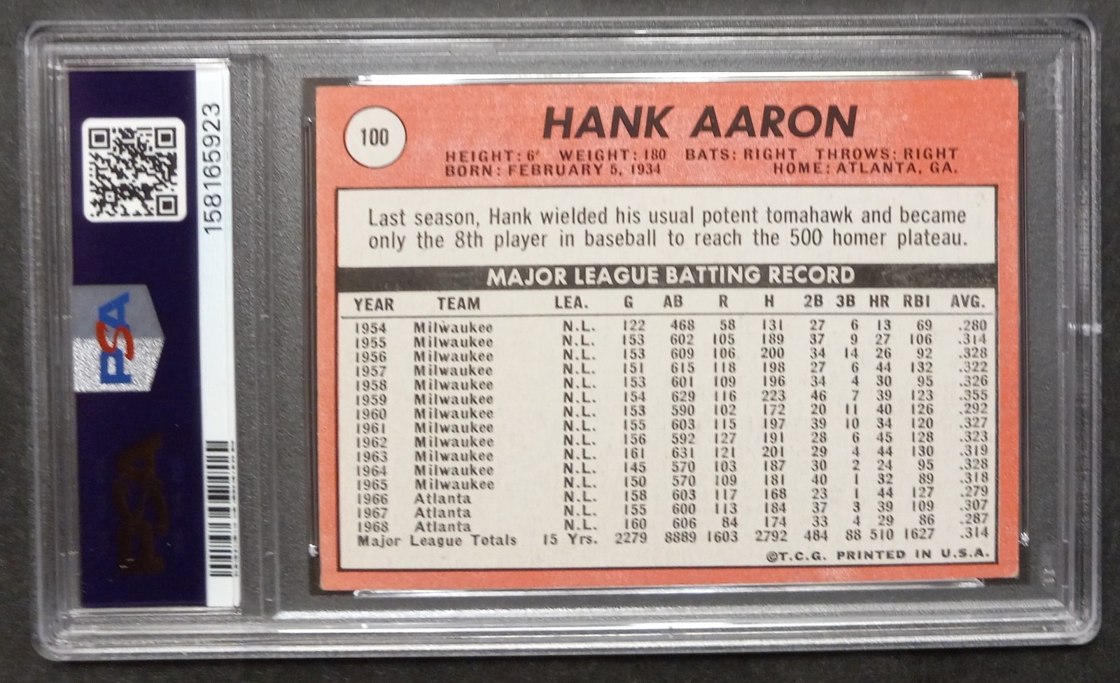 1969 Topps - #100 Hank Aaron - HOF - PSA 3.5 VG+ view 2