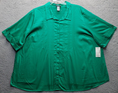Catherines Tunic Shirt Womens 3X Green Textured Pintuck 3/4 Sleeve Button-Up