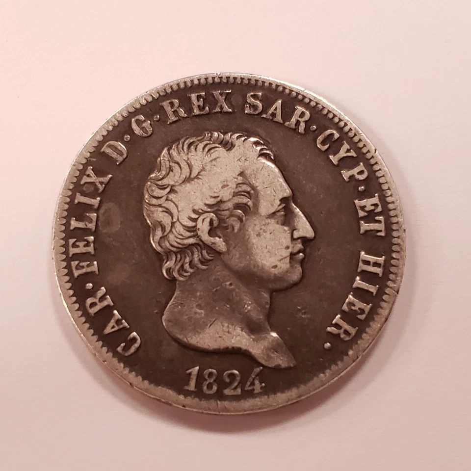 1824 Italian States Sardinia 5 Lire .7234 ASW - KM116.2 - SKU-Q2683 - Image 2 of 4