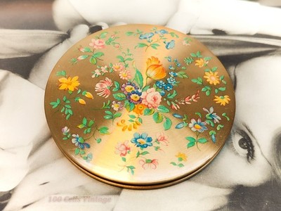 Flowers-Chintzy colourful gold-Vintage Powder Compact-Make Up-Mirror-0p