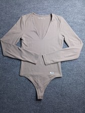 Abercrombie Fitch Soft AF Bodysuit Womens XS Beige Long Sleeve V Neck Stretch