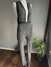 NWT San Joy Black Stretch Rhinestone Catsuit Jumpsuit Size Medium