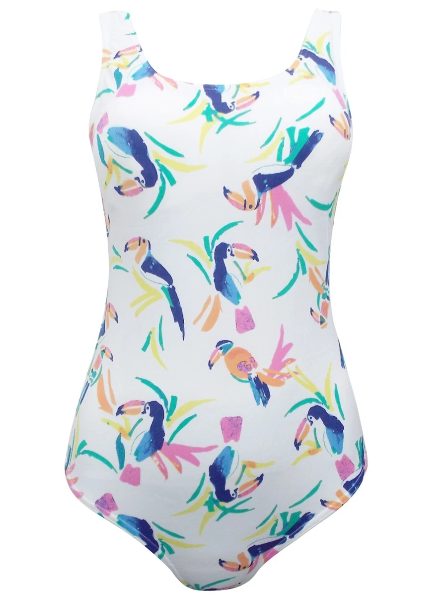 M S size 24 scoop neck swimsuit Toucan print design front and