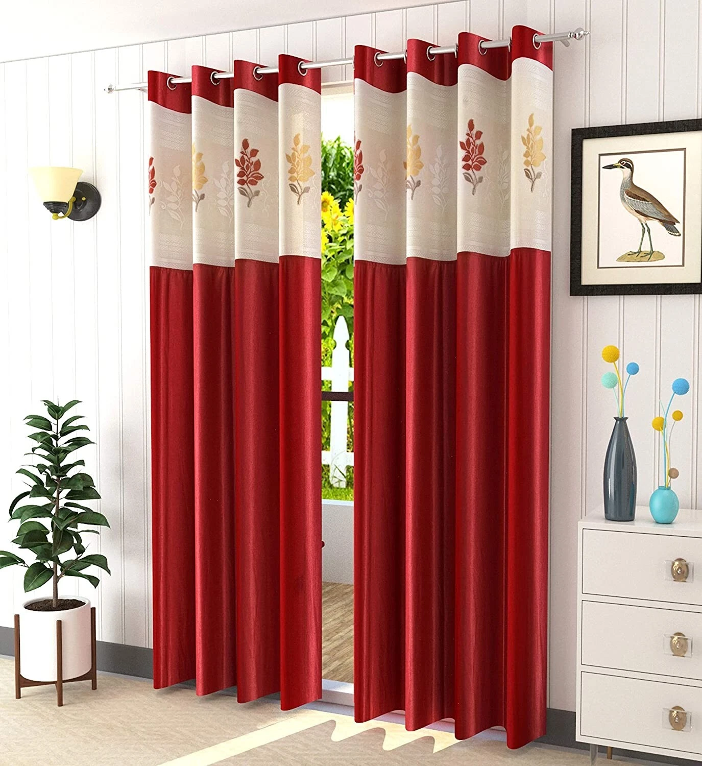 Juego De Cortinas De Puerta Premium De 2 Piezas Con Red Floral 7ft Marrón