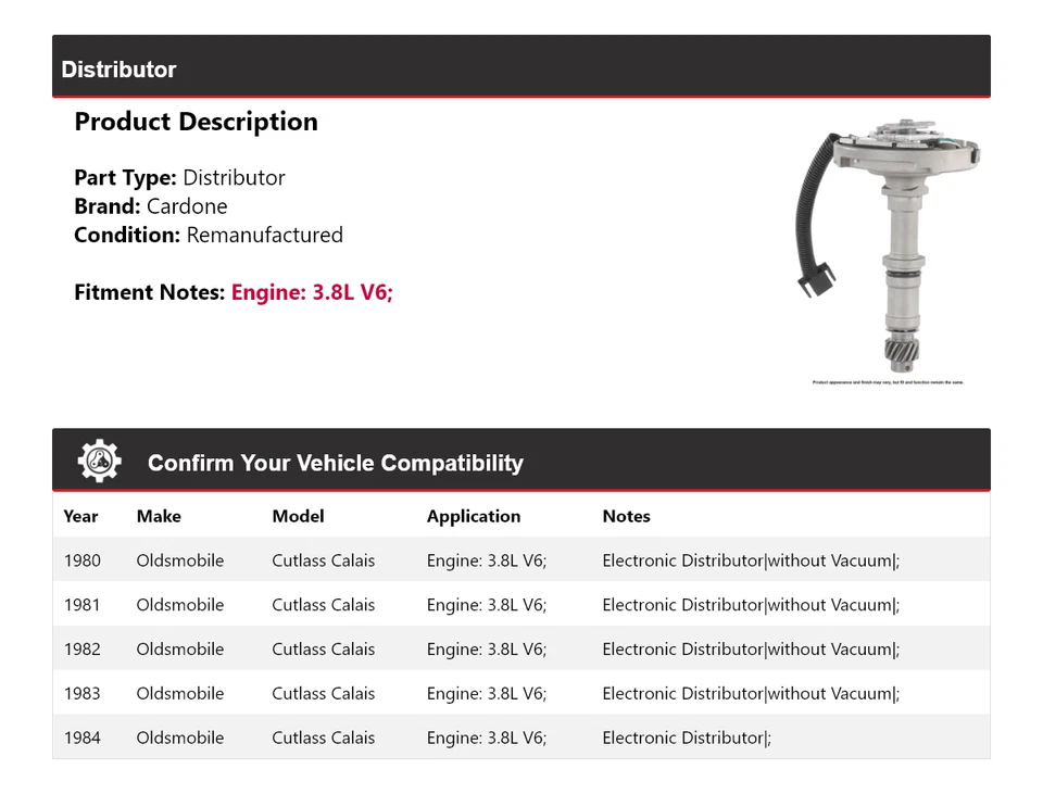 Para Oldsmobile Cutlass Calais 1980-1984 3,8 L V6 Distribuidor Cardone 1981 1982 Foto 2 de 4