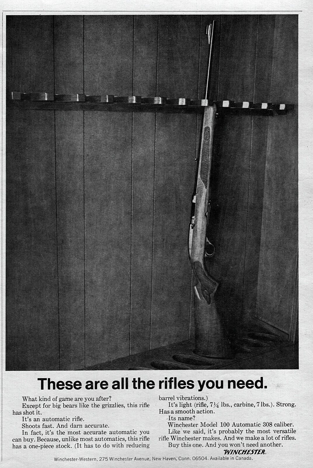 1968 Winchester Model 100 Automatic 308 Rifle Original Ad