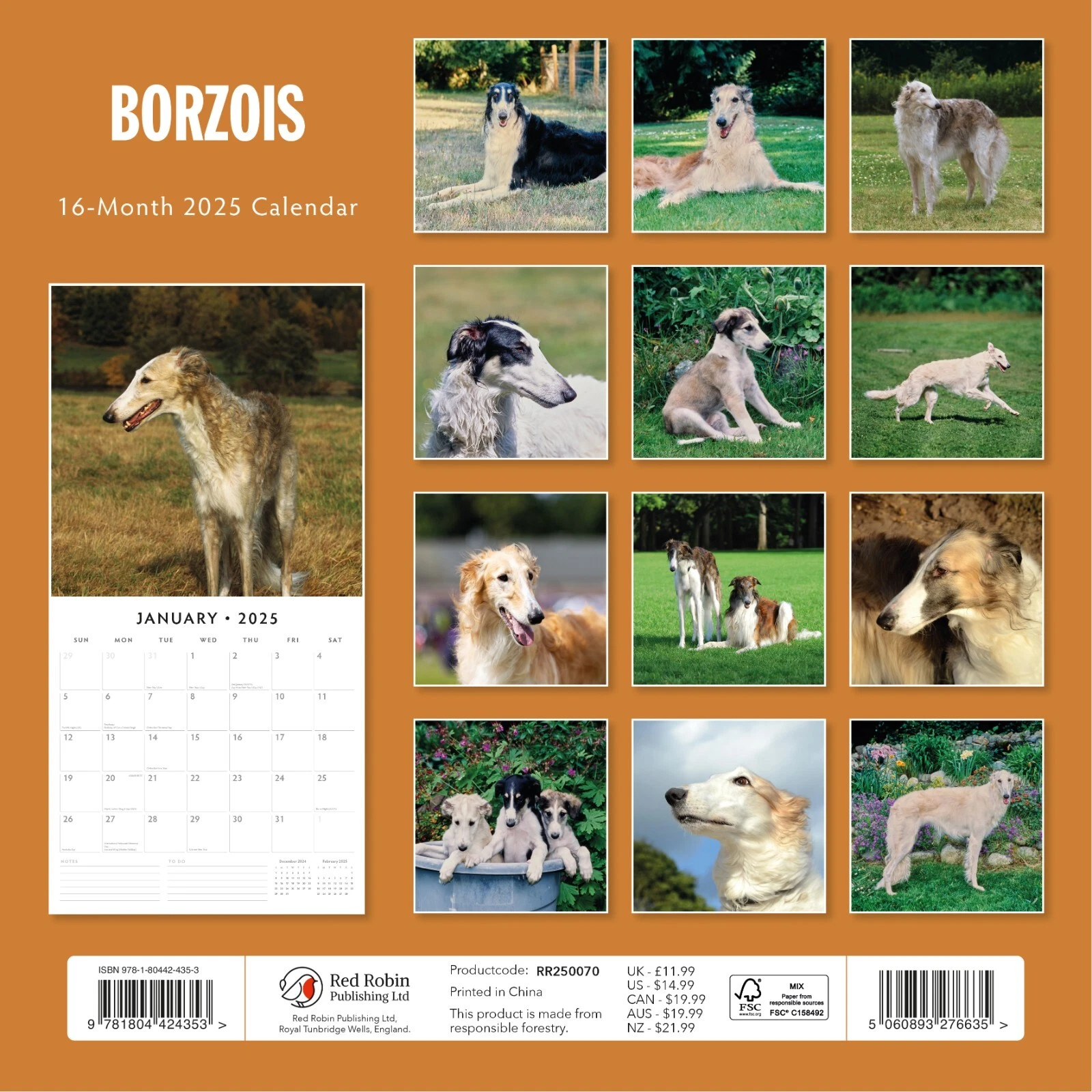 Borzois 2025 Square Wall Calendar
