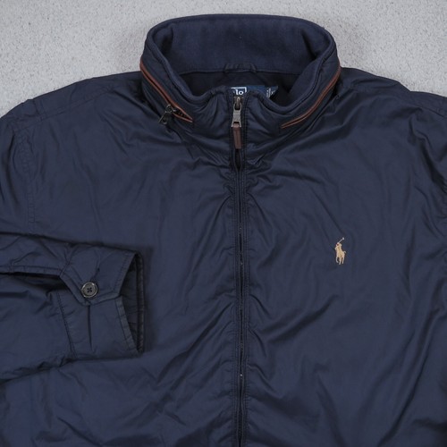 VINTAGE Polo Ralph Lauren Jacket Men XL Navy Leather Trim Pony Fleece Lined Coat - Picture 4 of 14