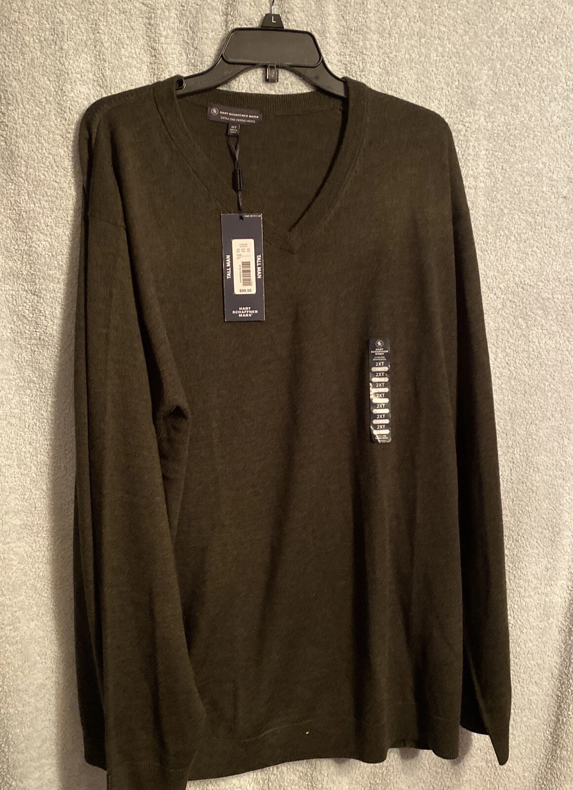 Hart Schaffner Marx Mens 100% Merino Wool V Neck Sweater - Olive/Hth 2XT $99.50