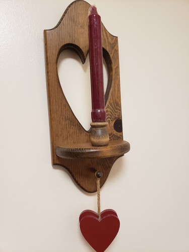 Pair of Vintage WOODEN HEART SCONCES Candle Wall Hangings 15" W/2 Hanging Hearts - Picture 11 of 21