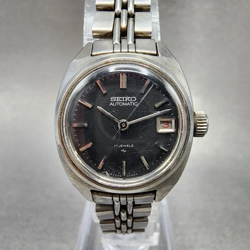 Seiko Automatic Watch Women 24mm Black Dial Silver Tone Date 2205-0050 Runs