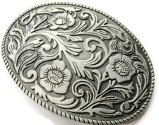 Western Belt Buckle Floral Scroll Work Oval Silver Tone Vtg