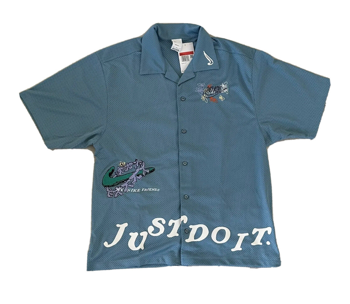 Nike Sportswear Just Do It Mesh Blue Hawiian Camp Shirt