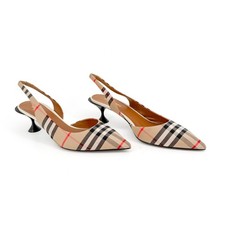 Burberry Leticia Slingback Pumps Heels Beige Check Size 39 US 9 Archive Canvas