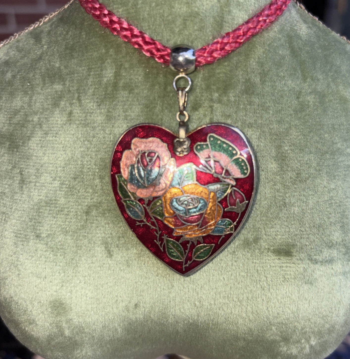 Vintage Cloisonné Puffy Heart Pendant Necklace Red Enamel Floral & Butterfly