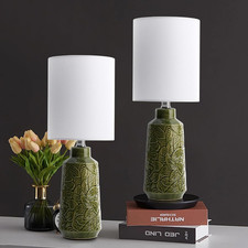 Set of 2 Modern Farmhouse Ceramic Table Lamps with Leaf Pattern  Linen Shade