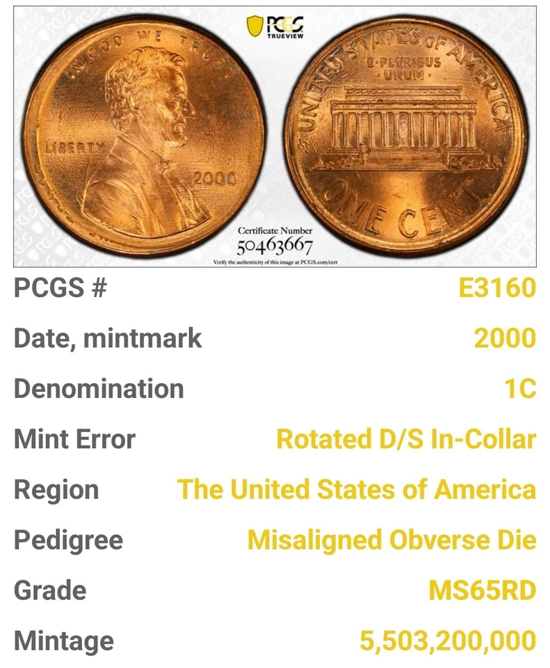 2000 P Rotated D/S in Collar Misaligned Observe Die Error Cent PCGS MS 65 RD - Image 3 of 4